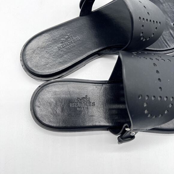 HERMES Hera Sandal Womens 39 8.5 Black Leather Cut Out H Toe Loop Flat Slide - Picture 6 of 16